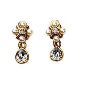Napier Clip On Earrings Dangle Tear Drop Rhinestone Faux Pearls Gold Tone Small